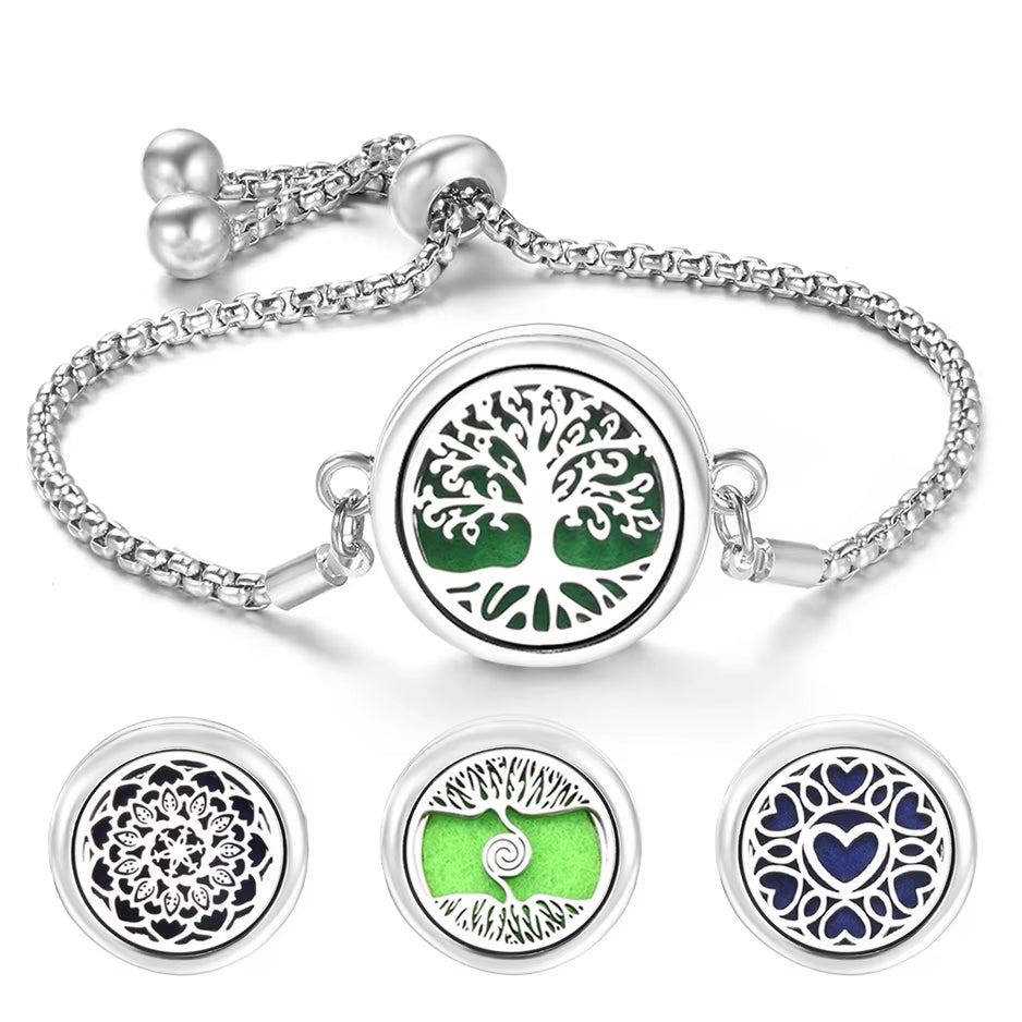 Fashion Tree of Life Aromatherapy Bangle Essential Oil Diffuser Stainless Steel Perfume Locket Bracelet Adjustable Women Jewelry