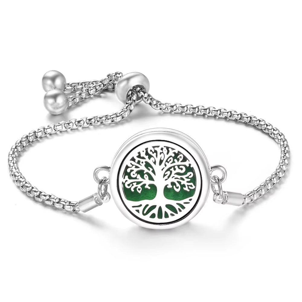 Fashion Tree of Life Aromatherapy Bangle Essential Oil Diffuser Stainless Steel Perfume Locket Bracelet Adjustable Women Jewelry