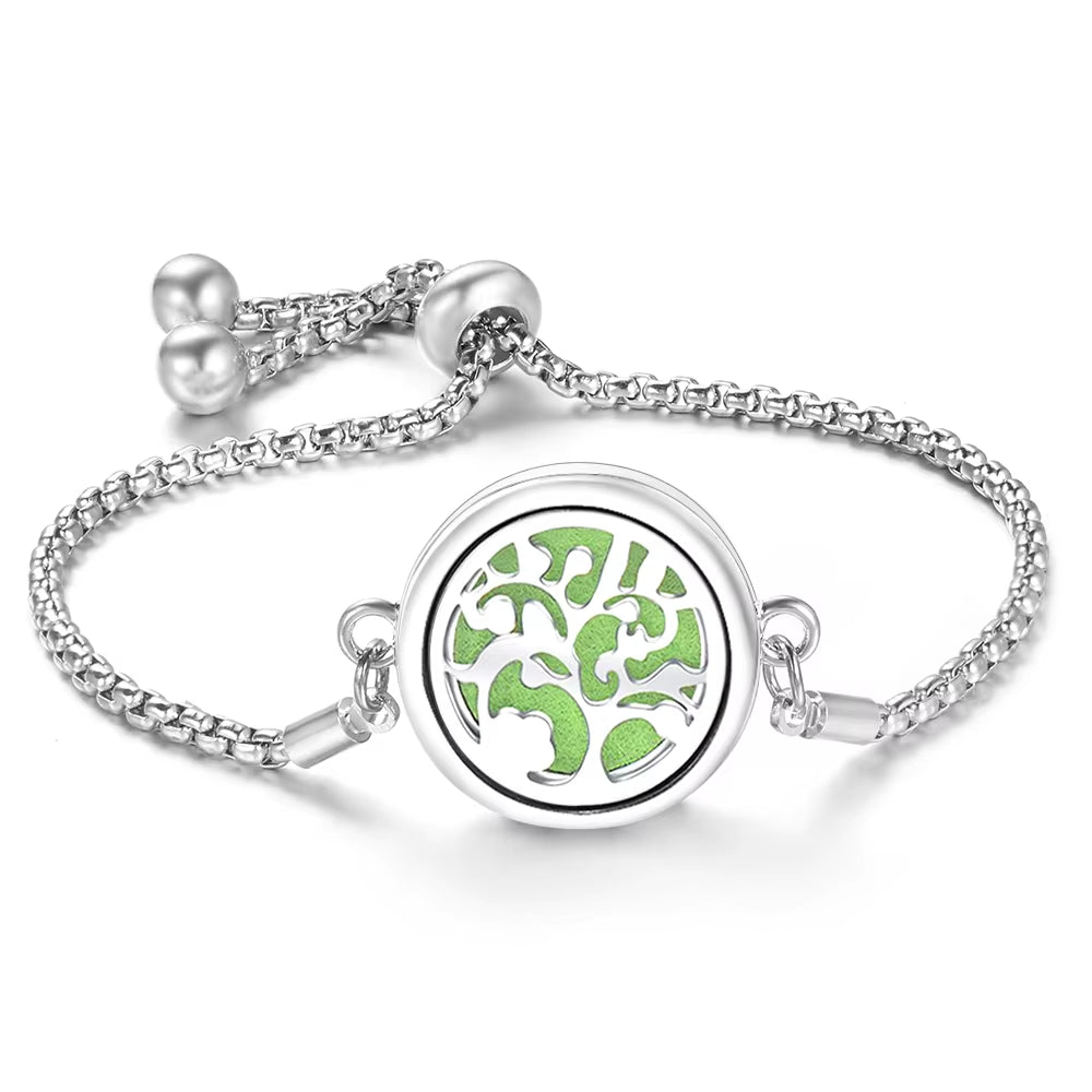 Fashion Tree of Life Aromatherapy Bangle Essential Oil Diffuser Stainless Steel Perfume Locket Bracelet Adjustable Women Jewelry